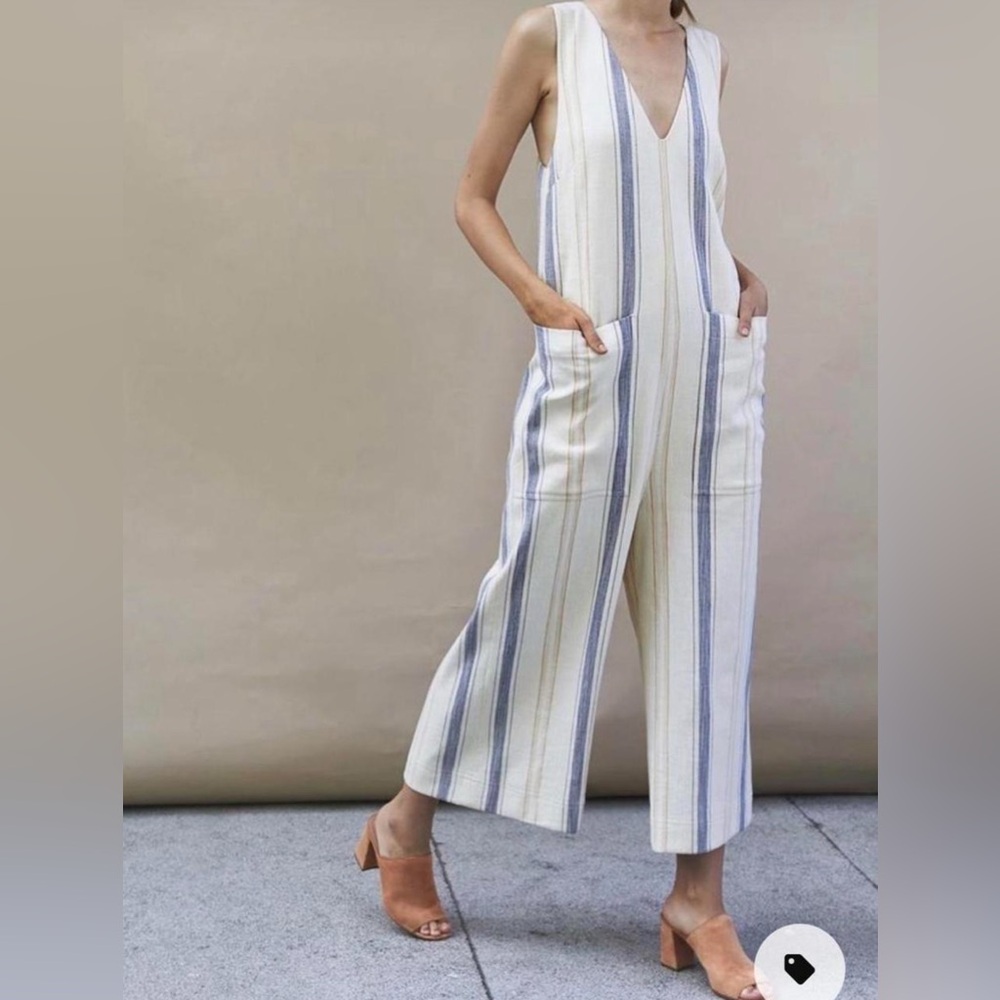 Steven Alan Cream & Blue Striped Cotton Jumpsuit EUC